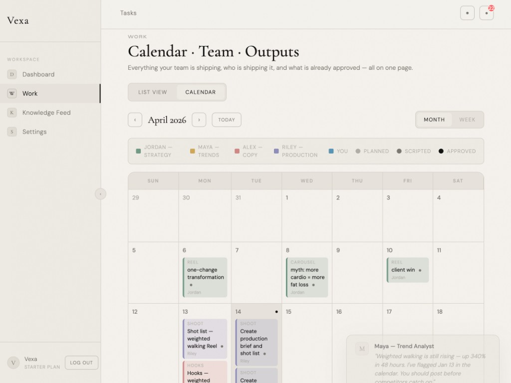Work calendar: team color-coding, reel and shoot tasks, month view.