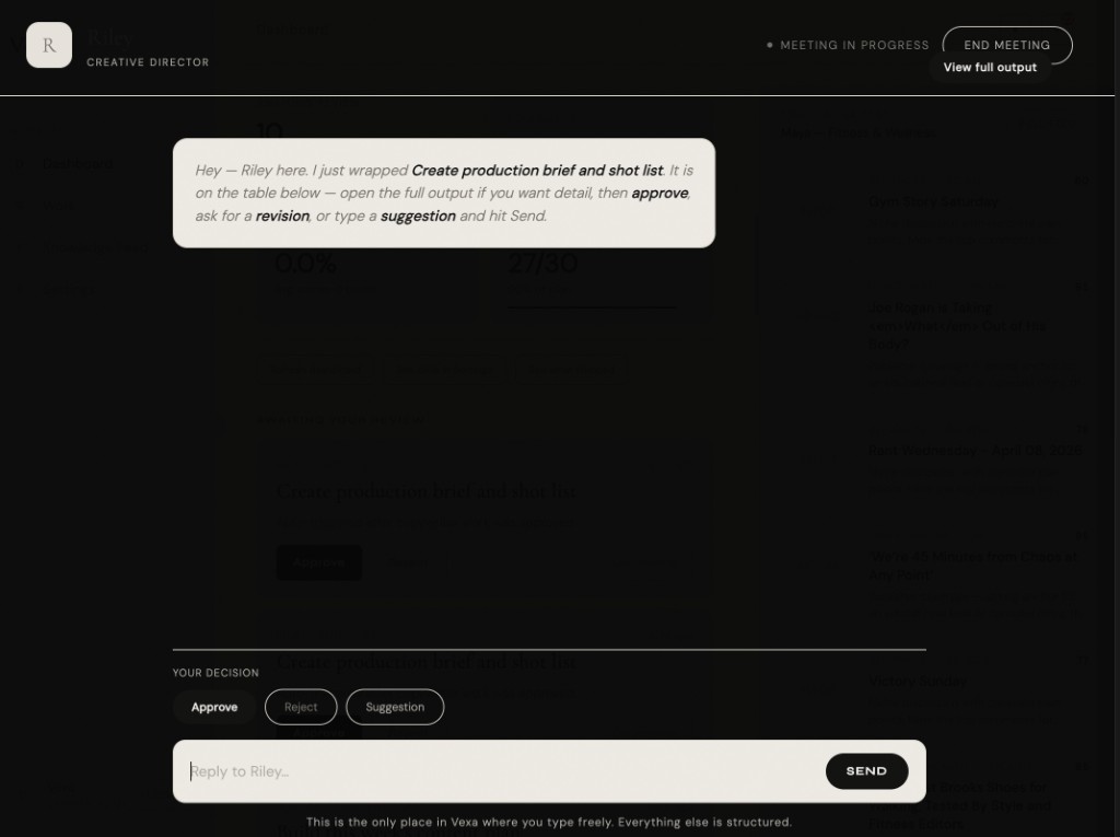 Meeting overlay with Riley: Approve, Reject, Suggestion, and reply field.
